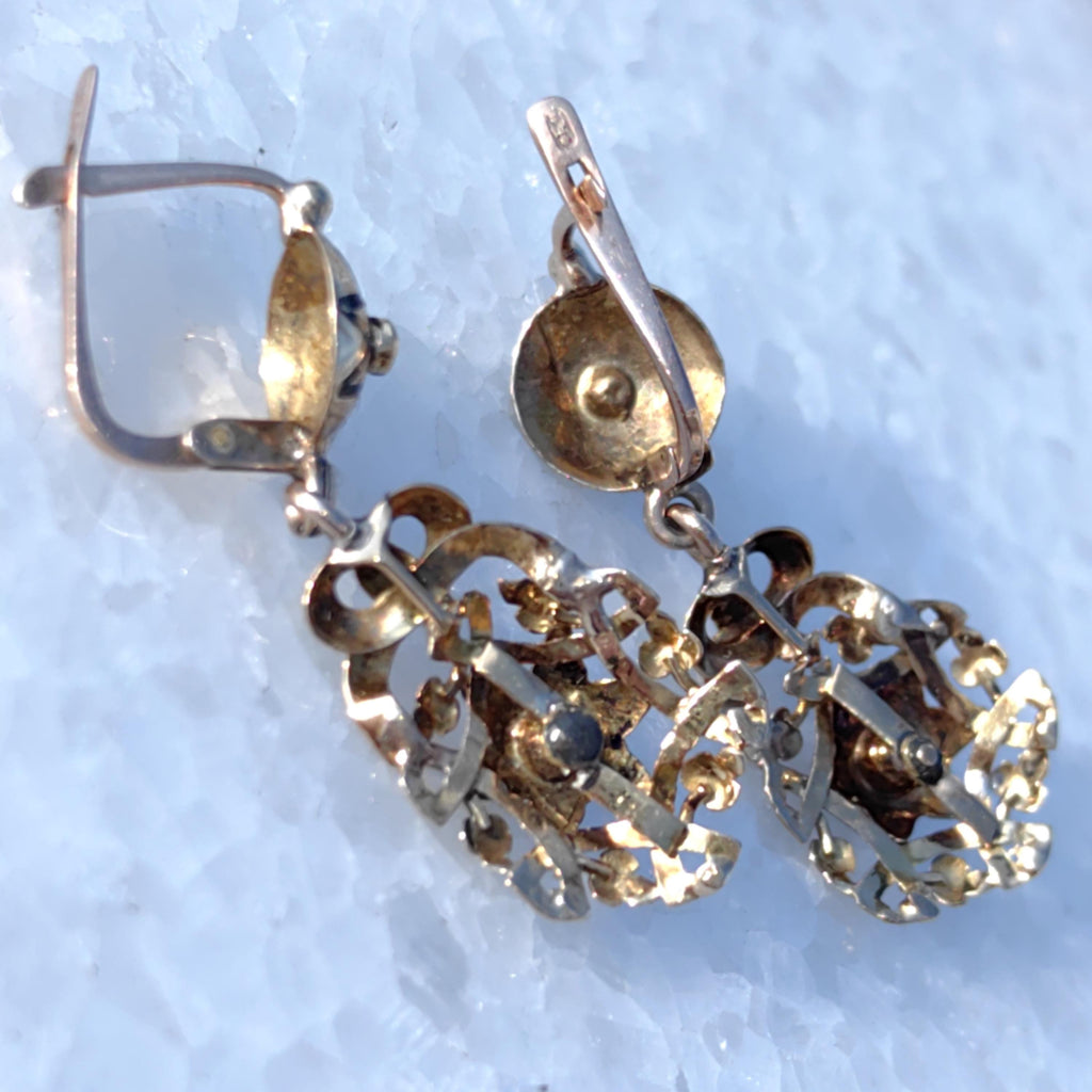 Victorian 18k Gold Diamond David Star Dangle Earrings: Black Enamel Judaica