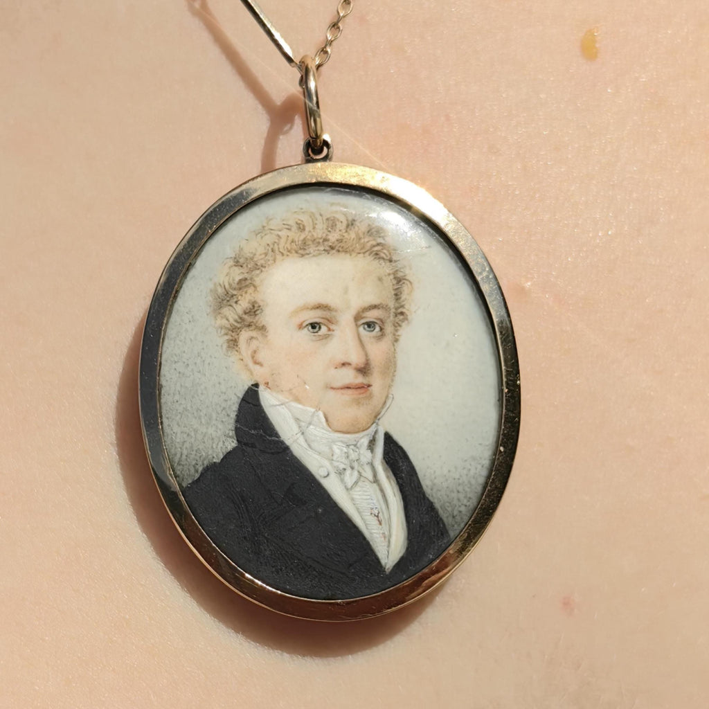 Antique Hand-Painted Floral Portrait Pendant - 1800s Miniature