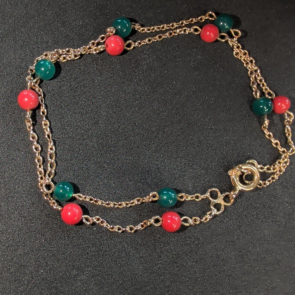 1900s Antique 18k Gold Coral Chrysoprase Beaded Chain Bracelet, 19 cm, 4mm Gemstone Beads, 3.90g Estate Jewelry Gift for Her