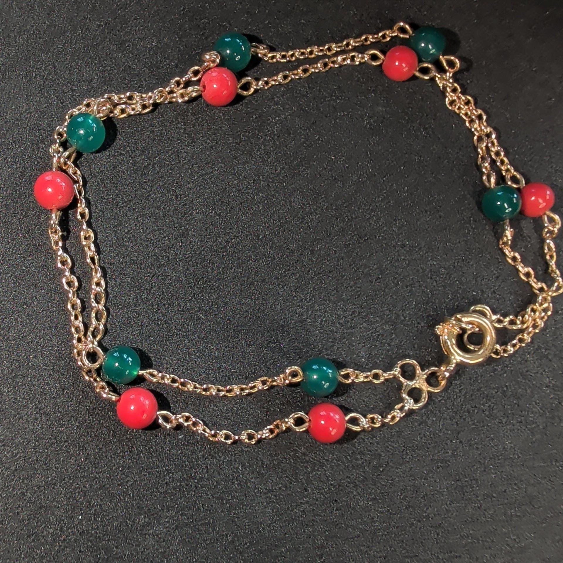1900s Antique 18k Gold Coral Chrysoprase Beaded Chain Bracelet, 19 cm, 4mm Gemstone Beads, 3.90g Estate Jewelry Gift for Her