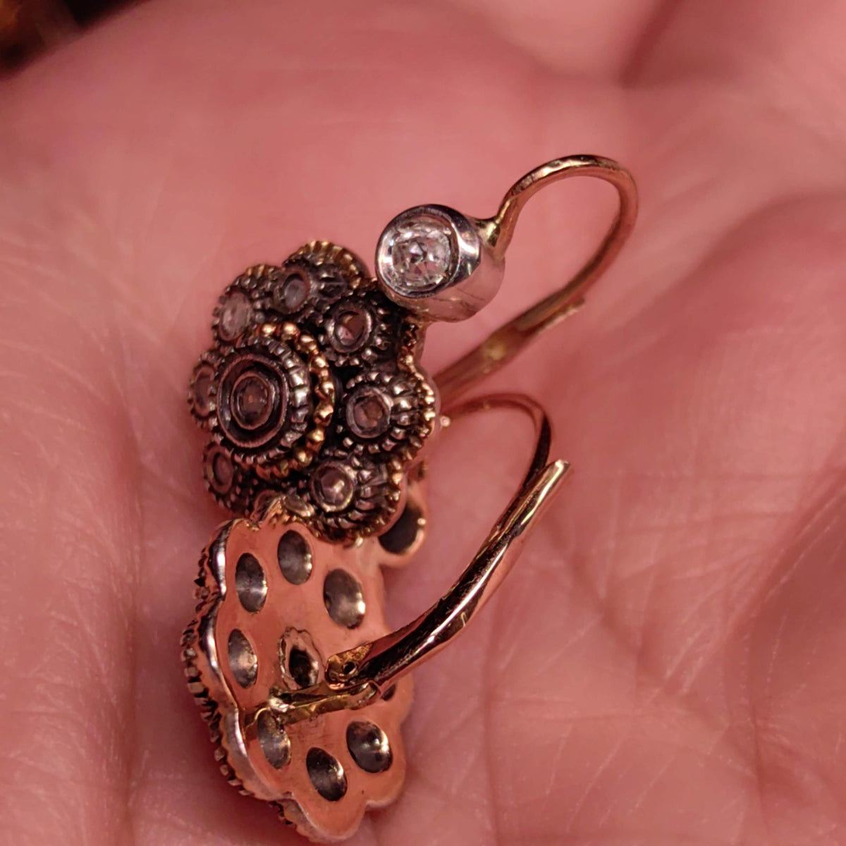 Art Deco 1920s Antique Vintage Natural Diamond in Silver Setting 14k Solid Yellow Rose Gold Statement Earrings