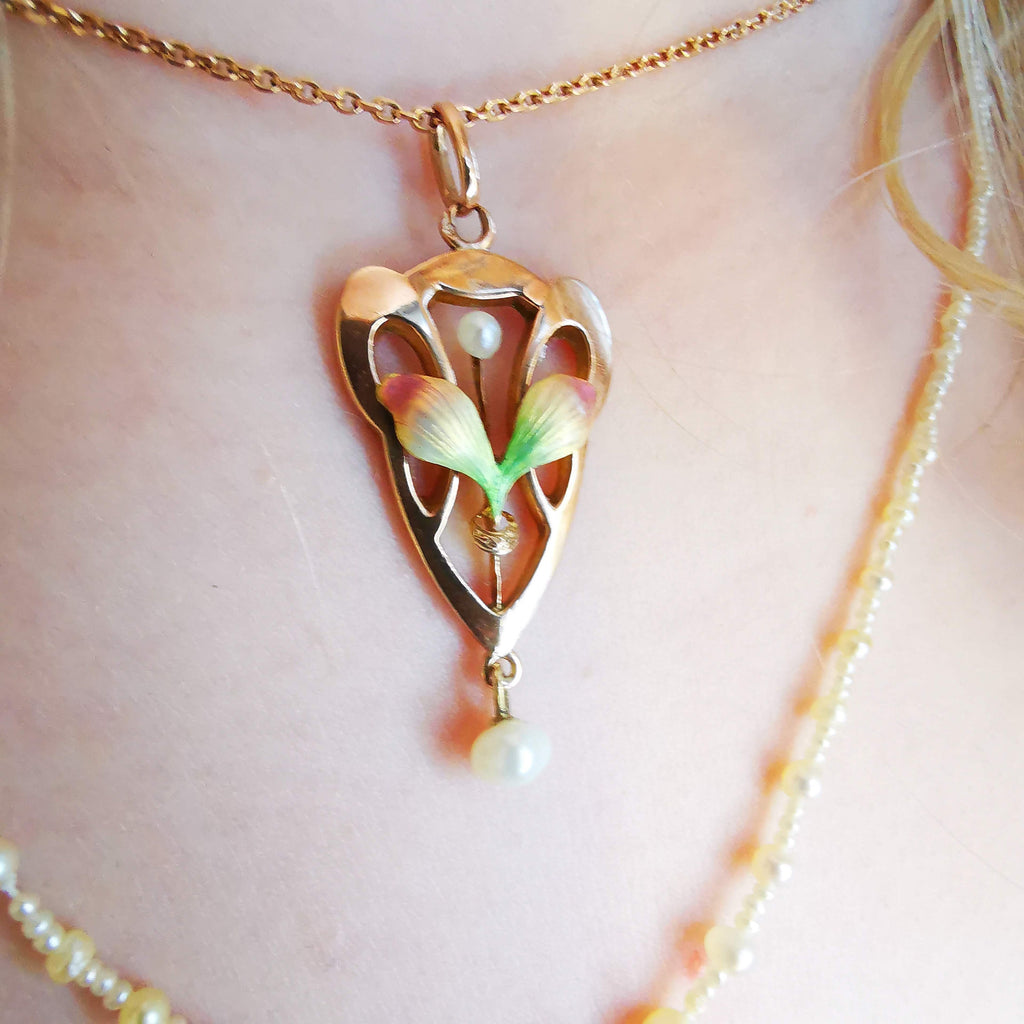 Art Nouveau 1900s French Pearl and 14k Solid Yellow Rose Champagne Gold Enamel Floral Statement Pendant Elegant Gift for Her