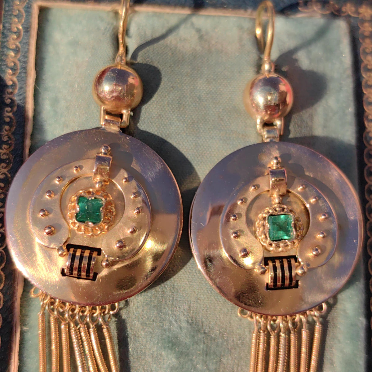 Victorian 18K Gold Emerald Dangle Earrings: Enamel Antique Jewelry