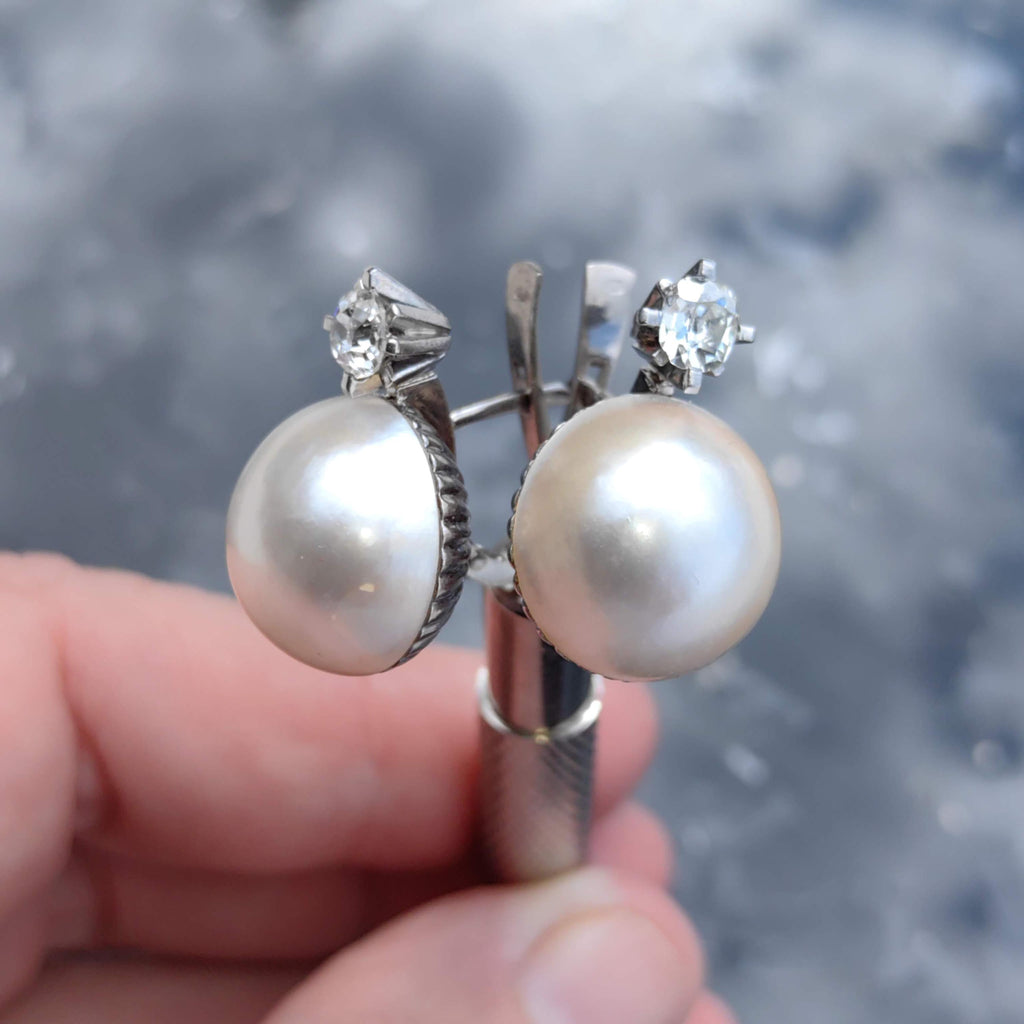 1930s Art Deco Maube Pearl Earrings: 0.74 ct Diamond, 18k White Gold