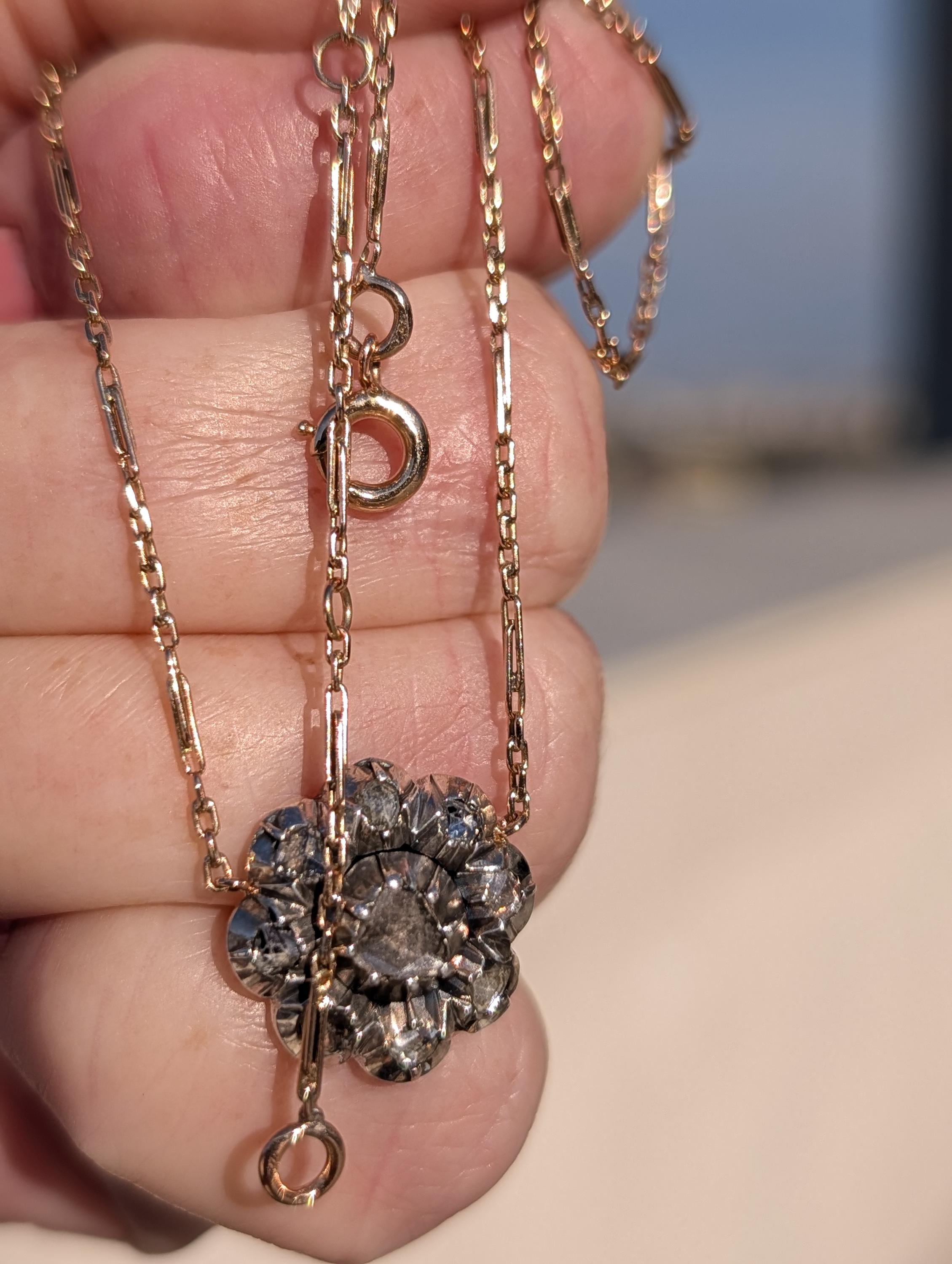 Antique Rose Cut Diamond Pendant Necklace 14k Yellow Rose Gold Silver Setting, Victorian 1880s Floral Romantic Gift for Her