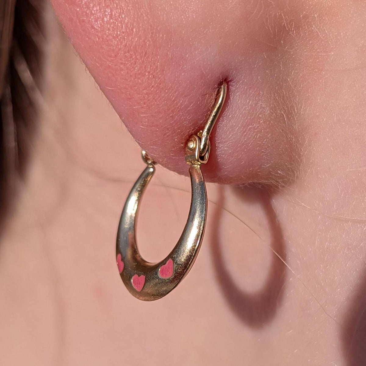 Vintage 1980s 14k Yellow Gold Puffed Hoop Earrings, Pink Enamel Heart Creole Gypsy Dangles, Gift for Her
