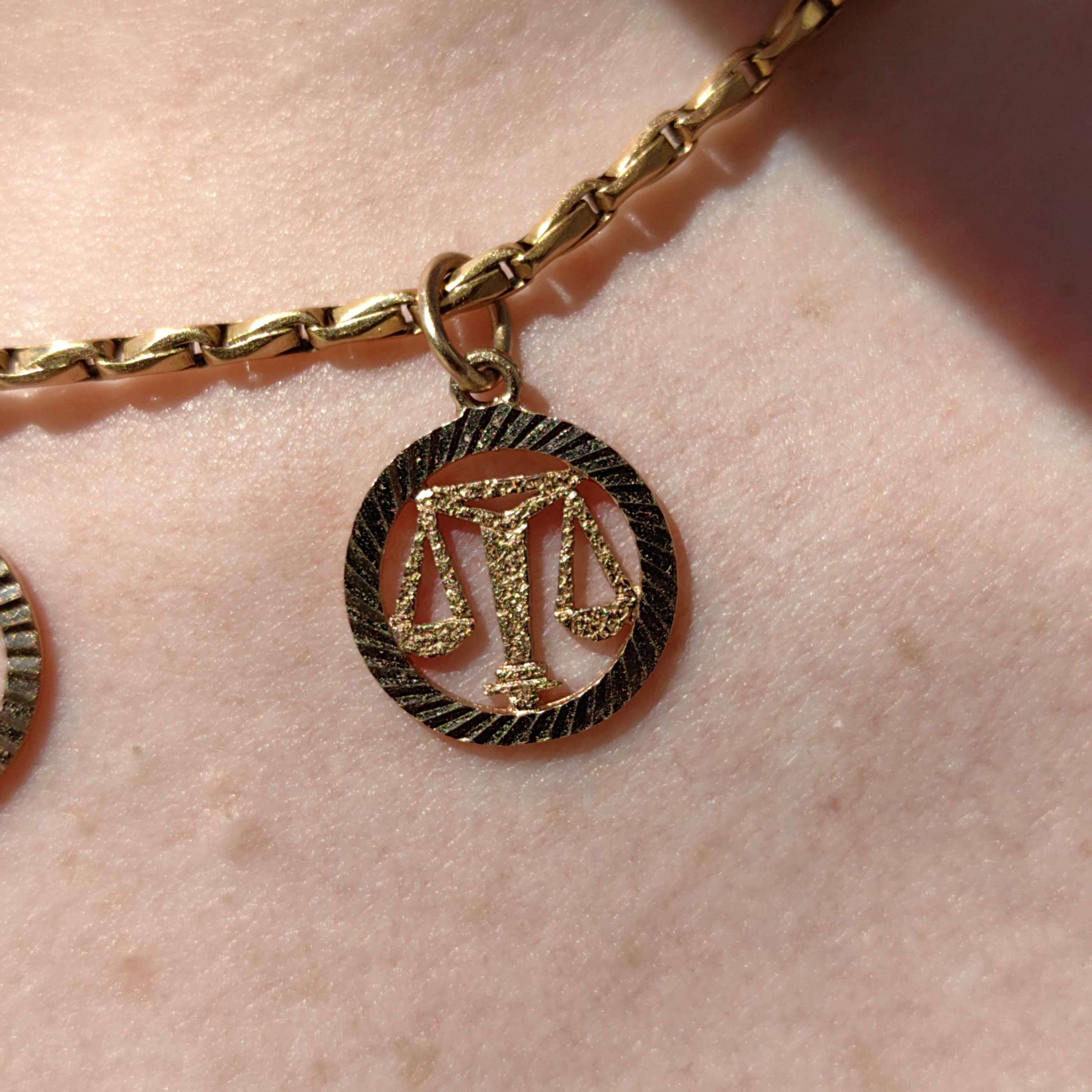 Vintage 18k Solid Yellow Rose Champagne Gold Libra Zodiac Sign Astrology Pendant Scales of Justice Lawyer Birth Month Charm Gift for Her
