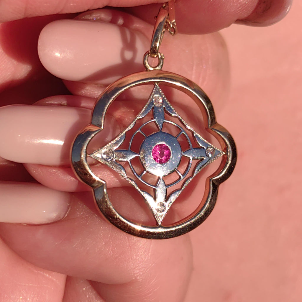 Art Nouveau Diamond Ruby Pendant 18k Solid Yellow and White Gold Geometric Openwork Pendant  1900s Vintage Gift for Her