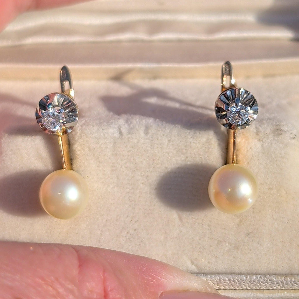Natural Pearl and Diamond Solid 18k Solid Yellow Gold, Handmade Antique 1940s Elegant Earrings Gift for Her Present