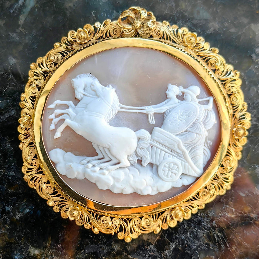 Antique 1830s Empire Shell Cameo Brooch Pendant: 14k Yellow Gold Filigree