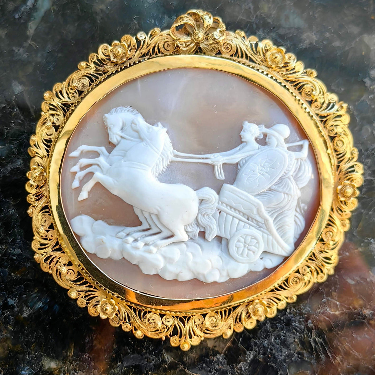 Antique 1830s Empire Shell Cameo Brooch Pendant: 14k Yellow Gold Filigree