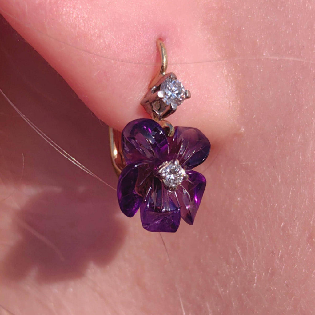 Natural Amethyst and Diamond 18k Solid Gold Flower Sleepers Dormeuse Vintage Antique 1950s Elegant Purple Crystal Earrings Gift for Her