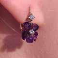 Natural Amethyst and Diamond 18k Solid Gold Flower Sleepers Dormeuse Vintage Antique 1950s Elegant Purple Crystal Earrings Gift for Her