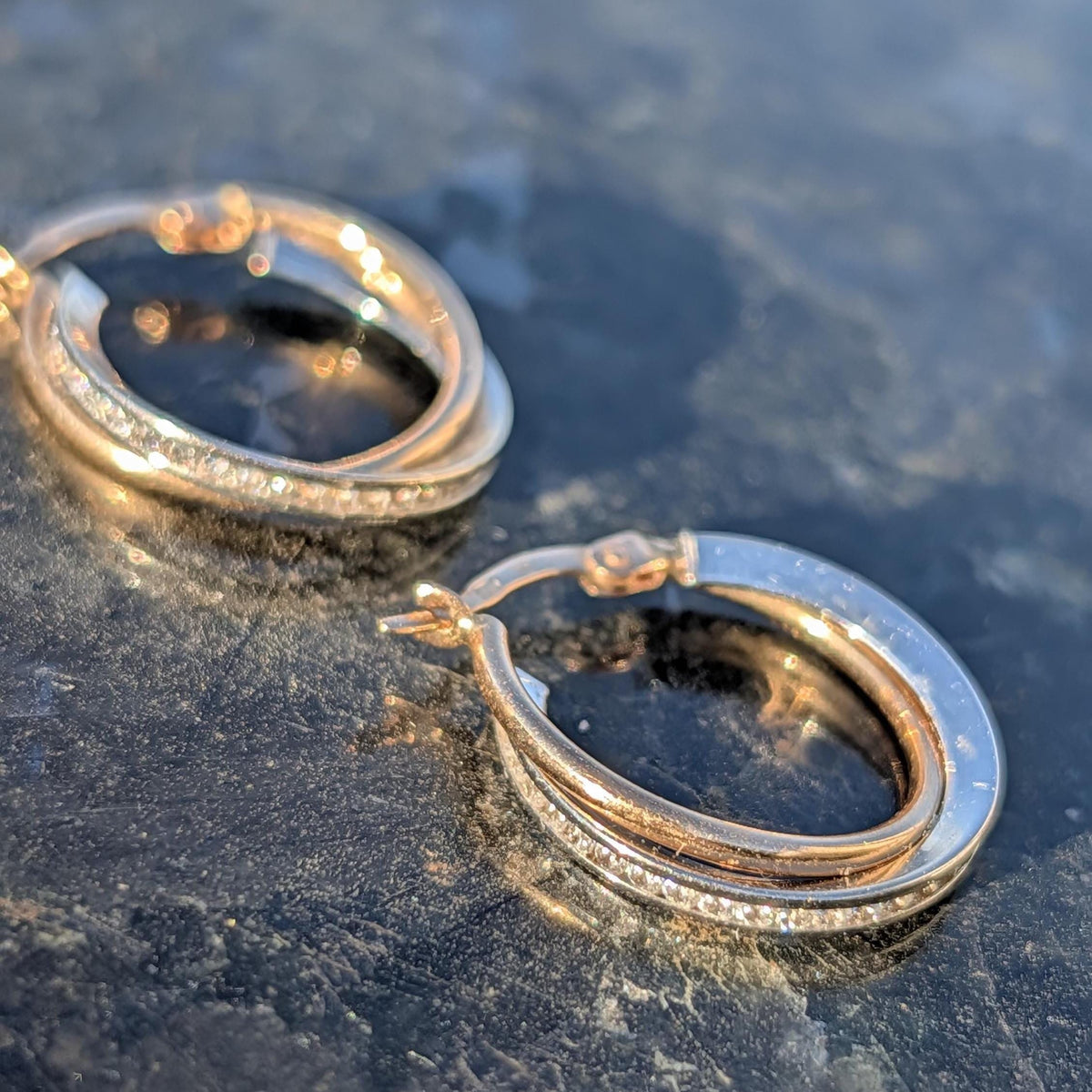 Vintage 14k Two Tone Gold Diamond Hoop Earrings, Hallmarked 585 Yellow White Gold Elegant Gift for Her Before 2007