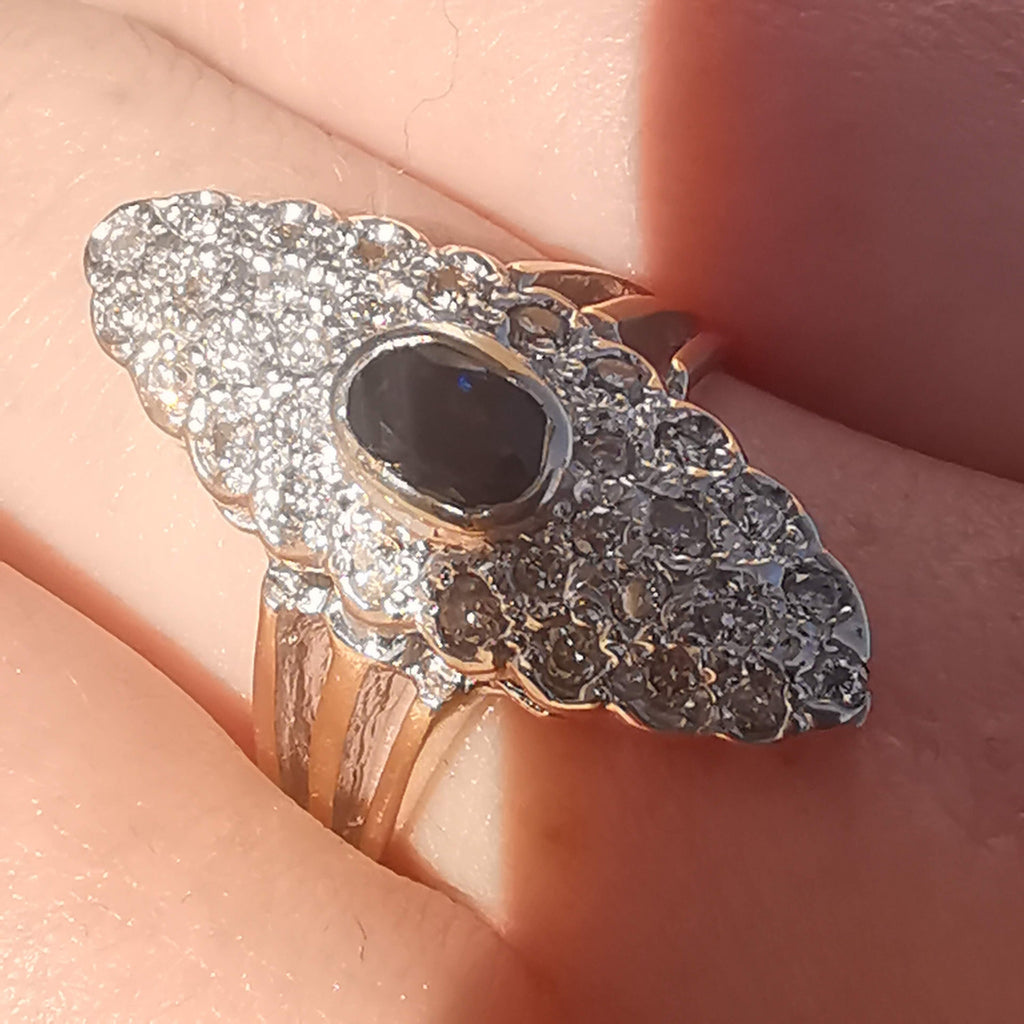 Sapphire and Diamond Marquise  14k Solid Gold Art Deco Antique Ring