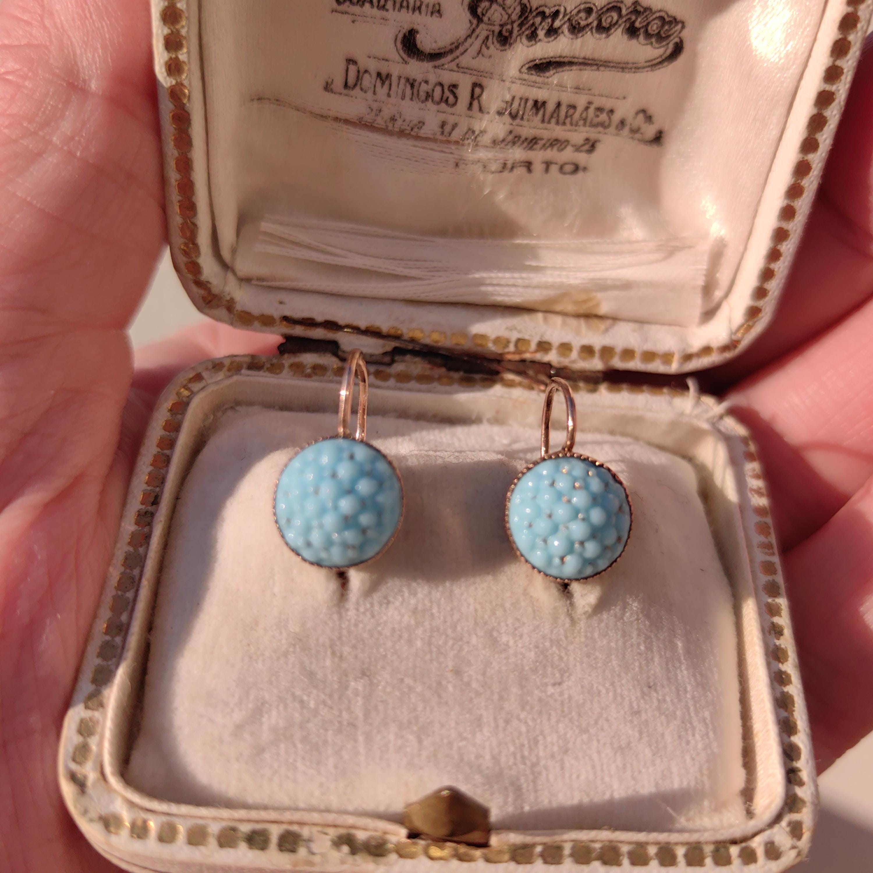 Antique 14k Yellow Rose Champagne Gold Turquoise Porcelain Dormouse Earrings Art Nouveau Floral Design Dangle Earrings