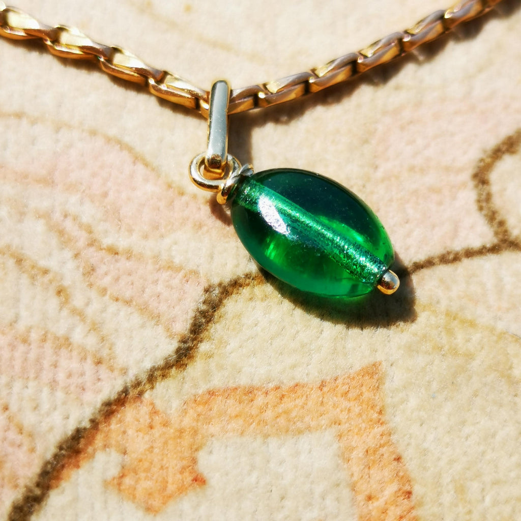 14K Solid Yellow Gold Vintage Antique Art Deco 1930s Green Paste Stone Necklace Pendant Bracelet Charm Gift for her Present Emerald