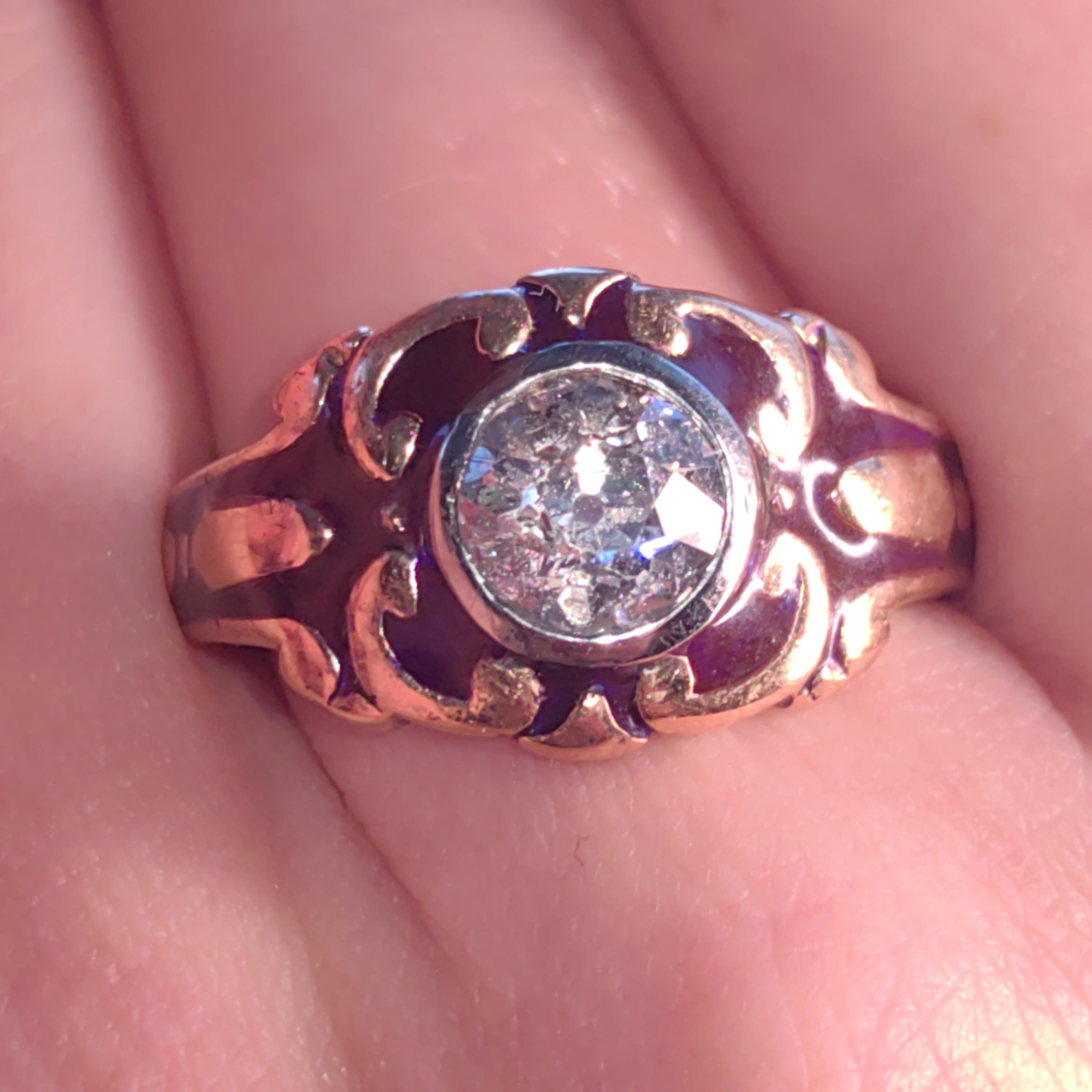 Diamond Victorian 1890s Solid 18k Gold dark Purple Aubergine Enamel Antique Engagement Statement Ring Elegant Vintage Gift for Her