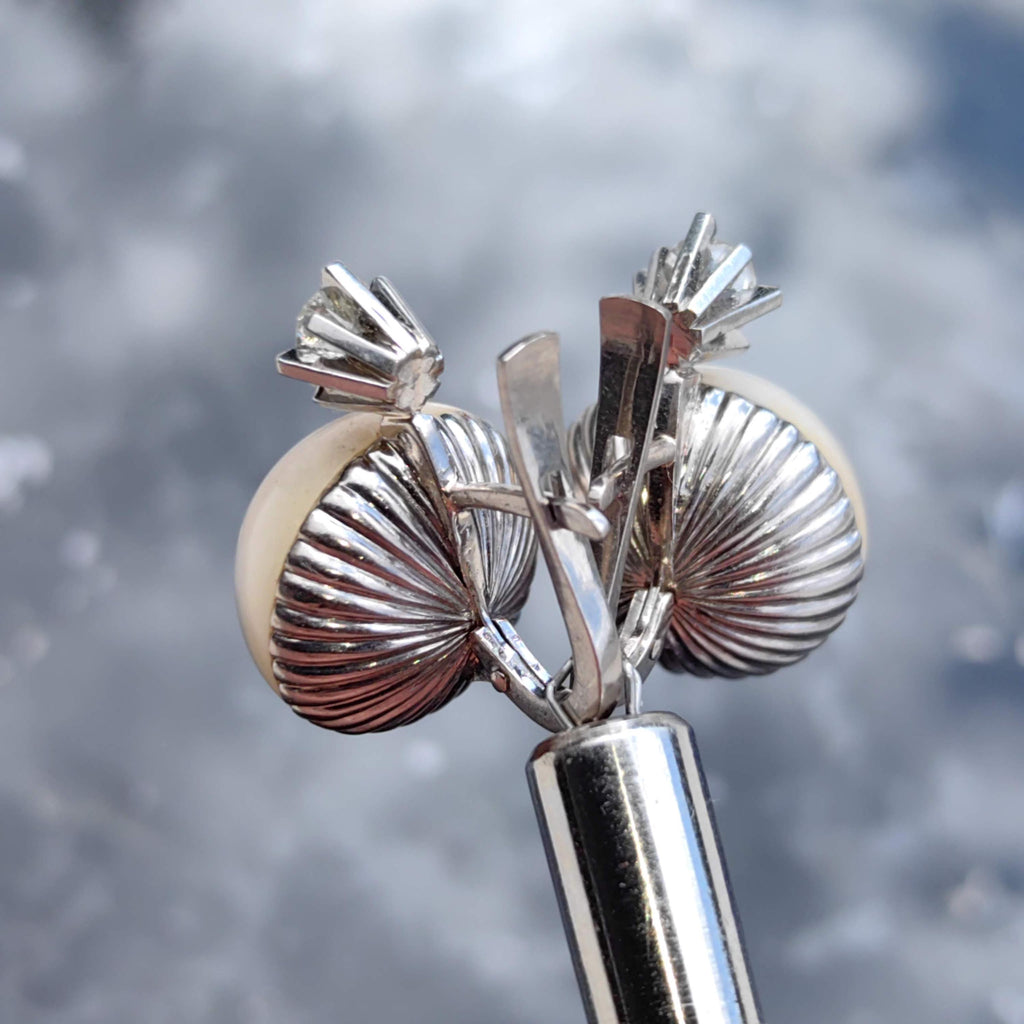 1930s Art Deco Maube Pearl Earrings: 0.74 ct Diamond, 18k White Gold