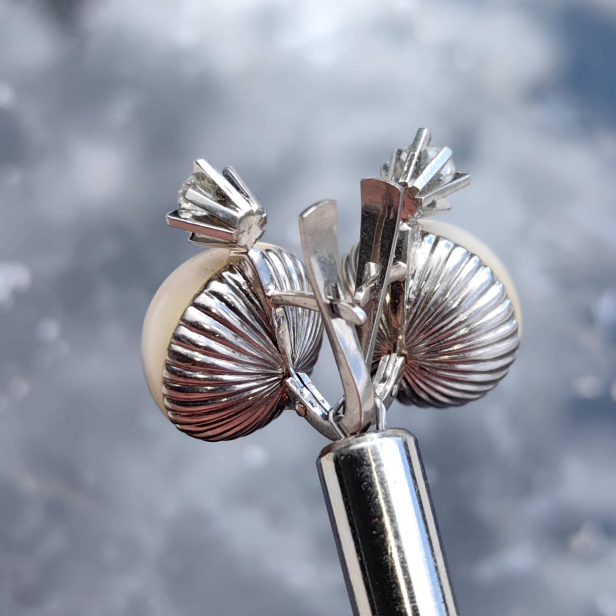 1930s Art Deco Maube Pearl Earrings: 0.74 ct Diamond, 18k White Gold
