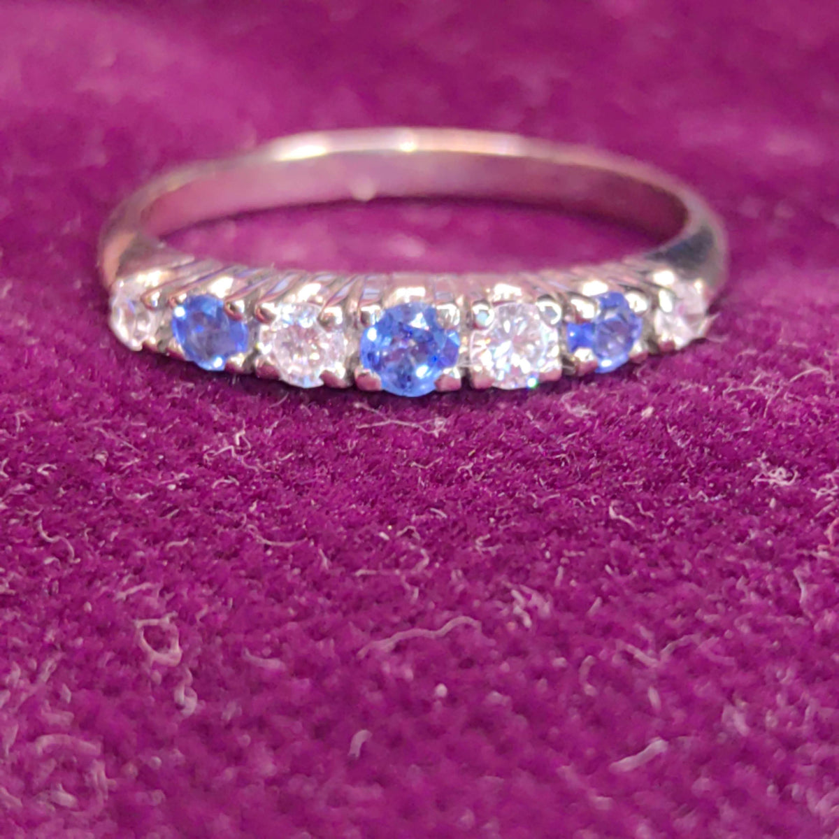 Vintage Sapphire Diamond Band 1950s Mid Century 18k White Gold Engagement Ring, Elegant Gift for Her Present Stackable Ring