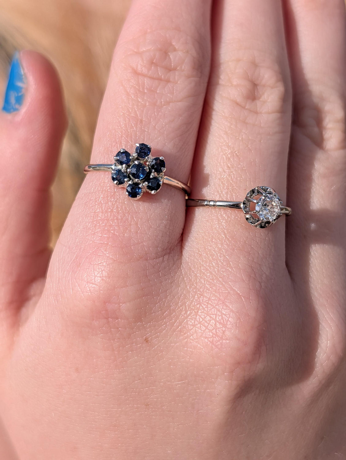 Vintage 1950s Blue Sapphire Flower Ring 14k White Gold Mid Century Floral Cluster Engagement Ring Size 7.5 Gift for Her