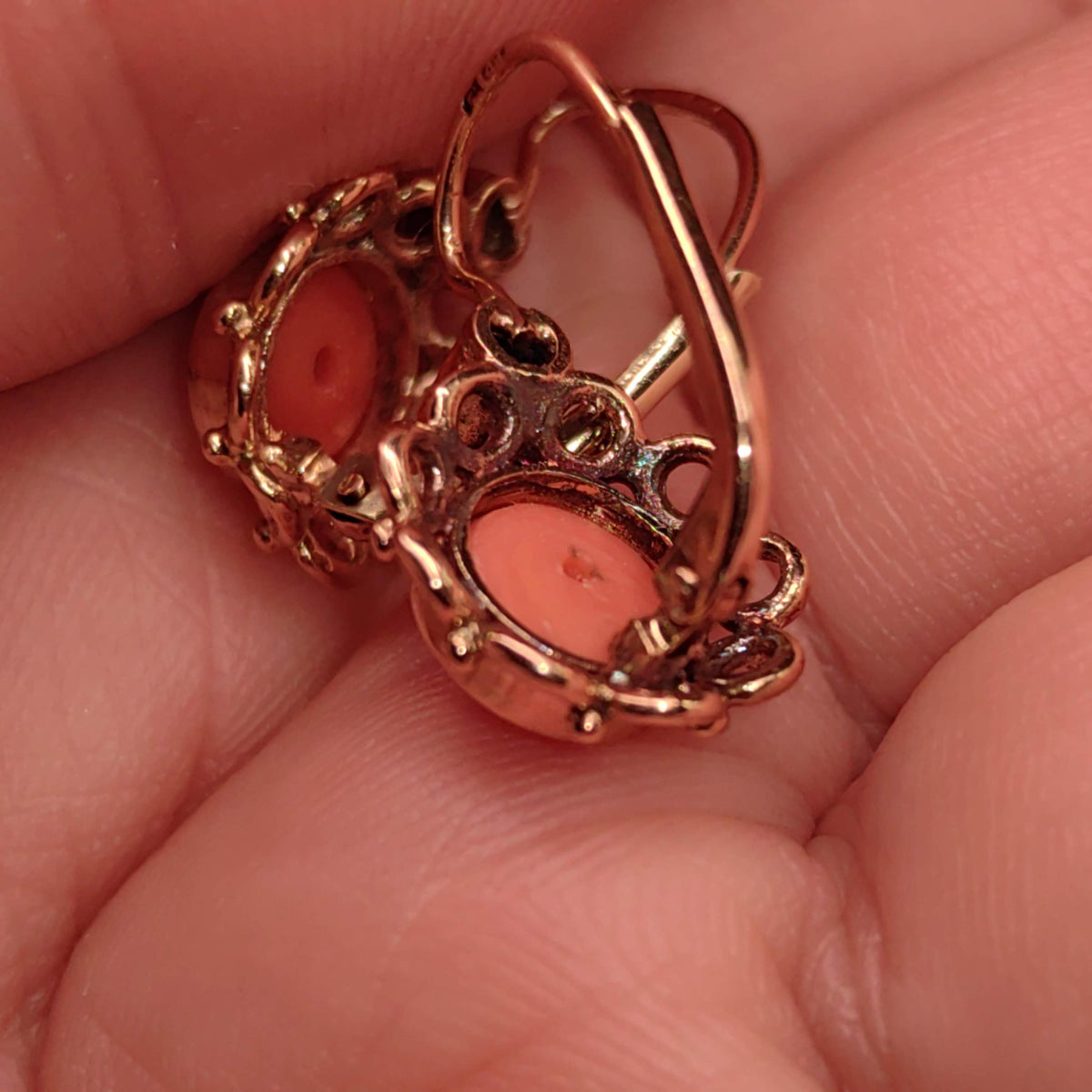 Art Deco 1940s Vintage 14k Champaign Gold Coral ball Rose cut Diamond Sleepers Earrings Lever Back safely everyday wear Gift for Her wife