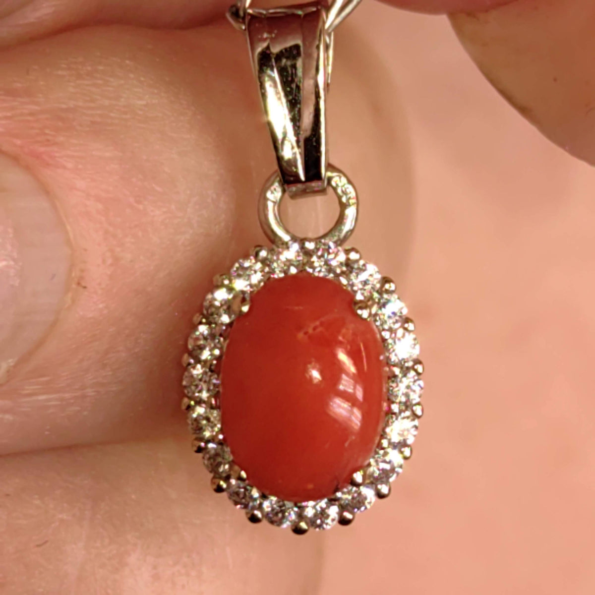 Vintage Natural Mediterranean Red Coral Solid 14k 585 Hallmarked White Gold Elegant Dainty Cubic Zirconia Halo Pendant Gift for Her Present