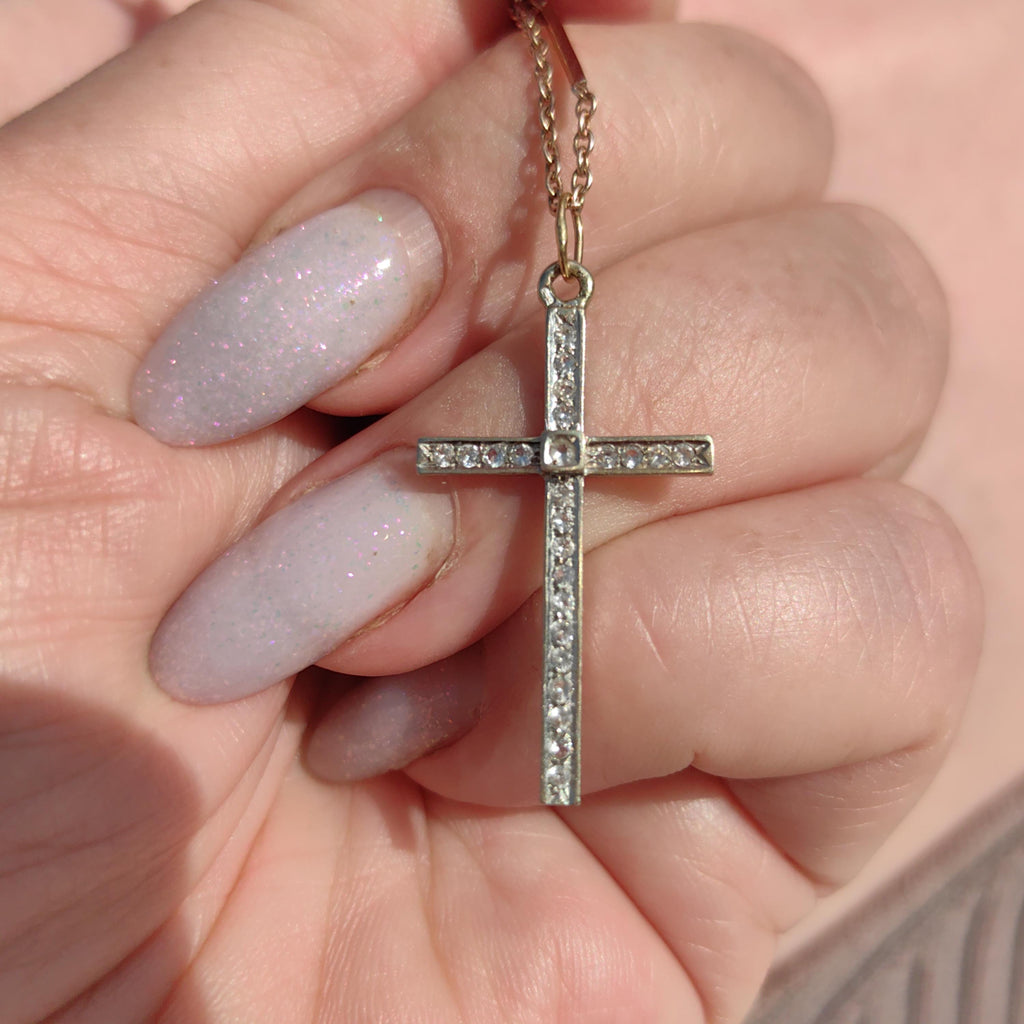 1920s Art Deco Diamond Solid Hallmarked 18k white Gold Catholic Cross Crucifix Pendant Antique Vintage Elegant Christian Statement Gift