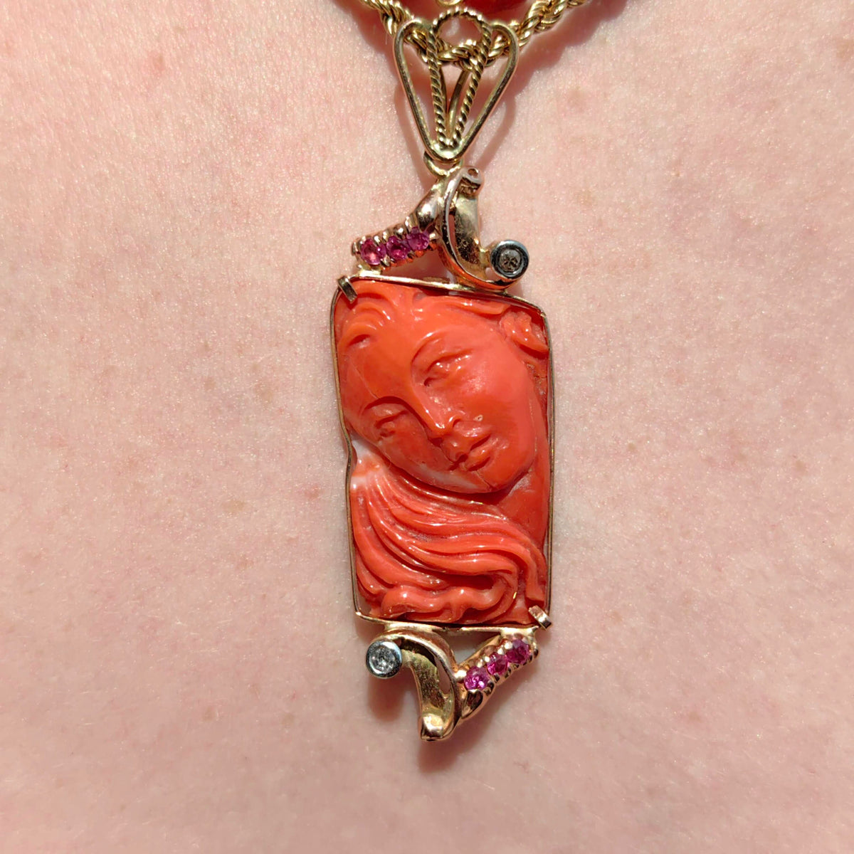 Art Deco Antique Vintage Coral Diamond and Ruby Gold Hand Carved Pendant