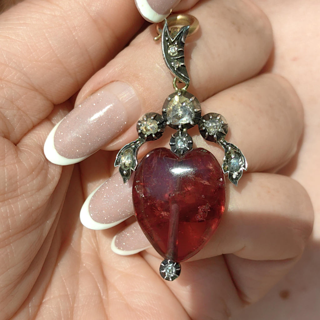 Victorian Red Rubellite Tourmaline Rose Diamond Heart Gothic Pendant 14k Solid Gold Silver Setting Charm Gift Present