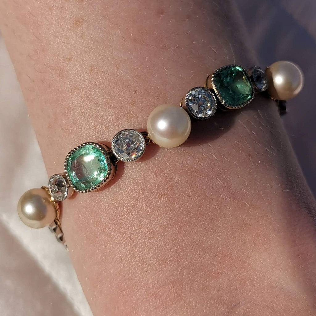 Victorian 18k Gold Bracelet: Antique Diamond, Emerald & Pearl Art Nouveau Jewelry