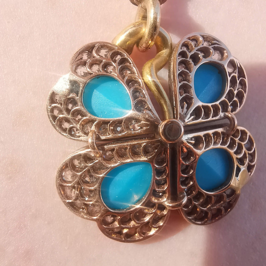 Art Nouveau 18K Gold Turquoise Diamond Pendant Necklace, Antique 1900s Four Leaf Floral Charm, Old European Cut Jewelry