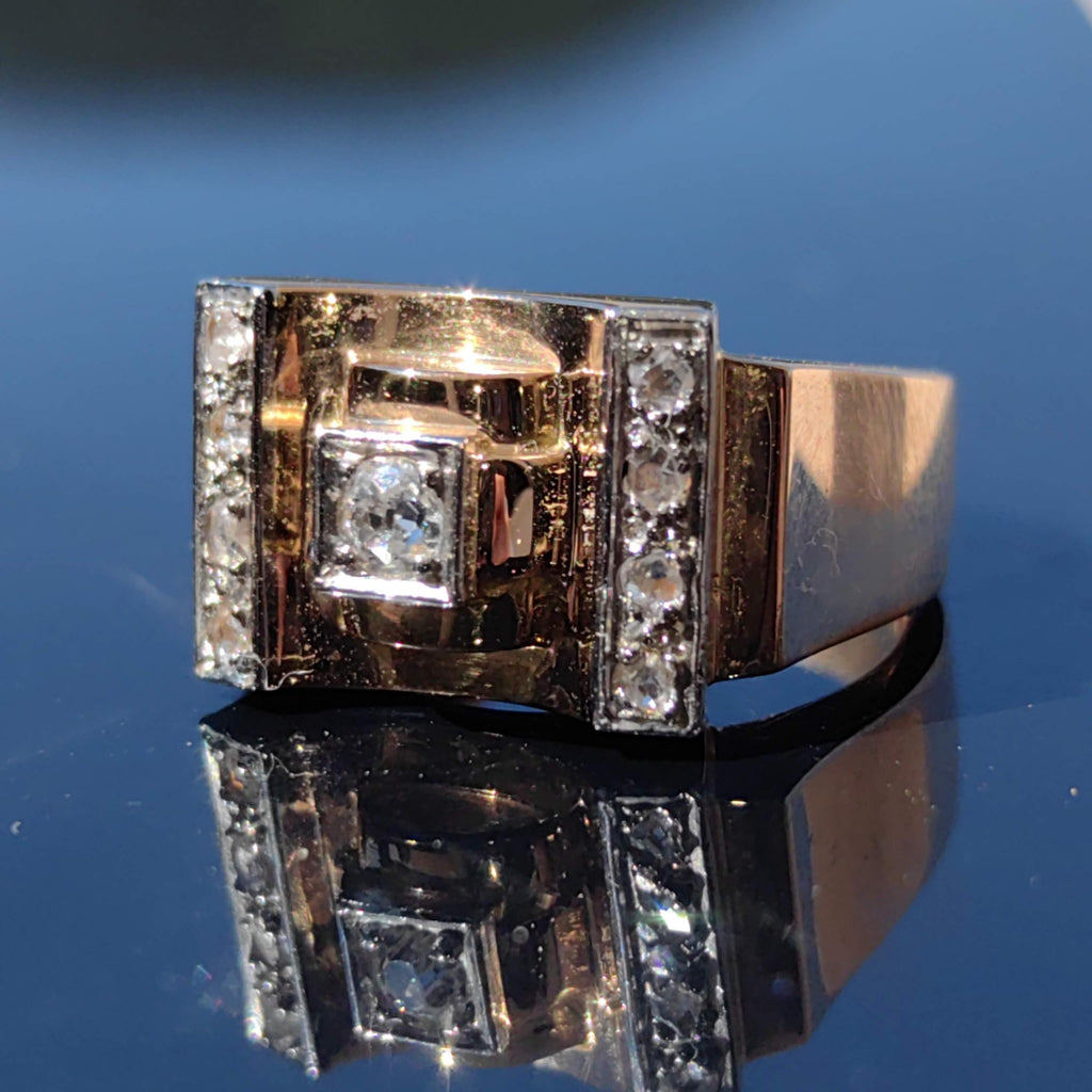 Art Deco Diamond Ring: 18k Gold Unisex Chevalier Statement Ring