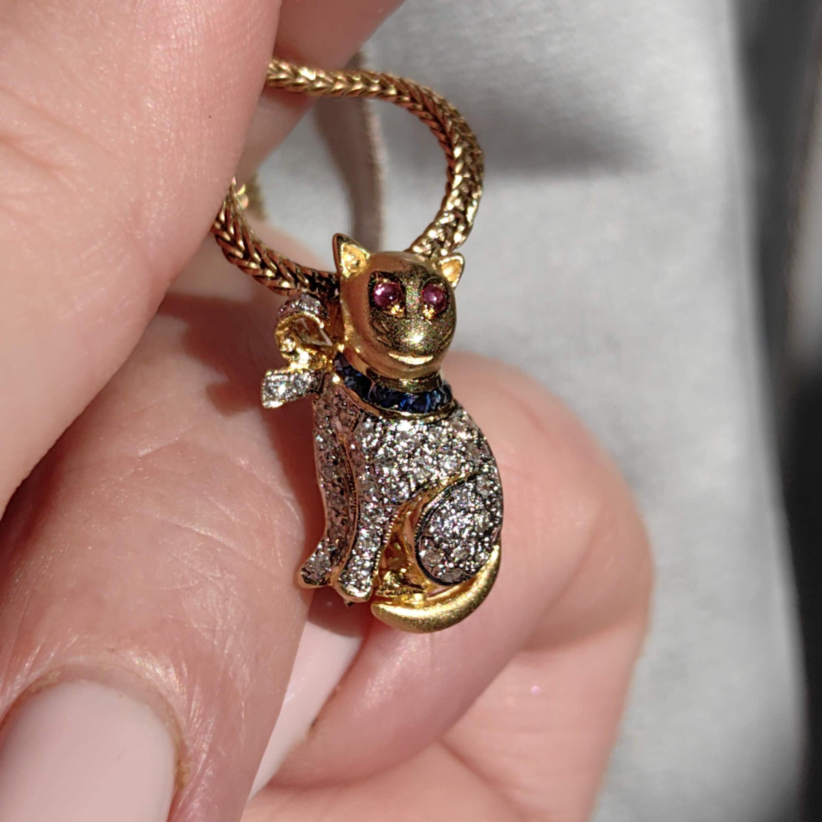 Mid-Century 18K Gold Flirty Sitting Cat Pendant with Bow Natural Diamonds Rubies Sapphires Vintage Figural Kitty Fine Jewelry Collectible