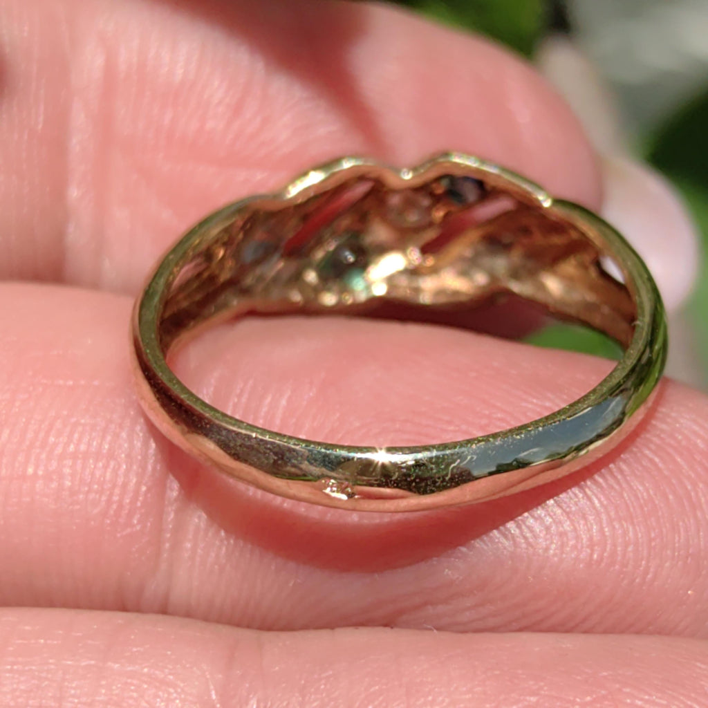 Natural Green Emerald Blue Sapphire Diamond 14k Solid Yellow Gold Vintage Antique Wave Shaped  Multi Stone Elegant Band Engagement Ring