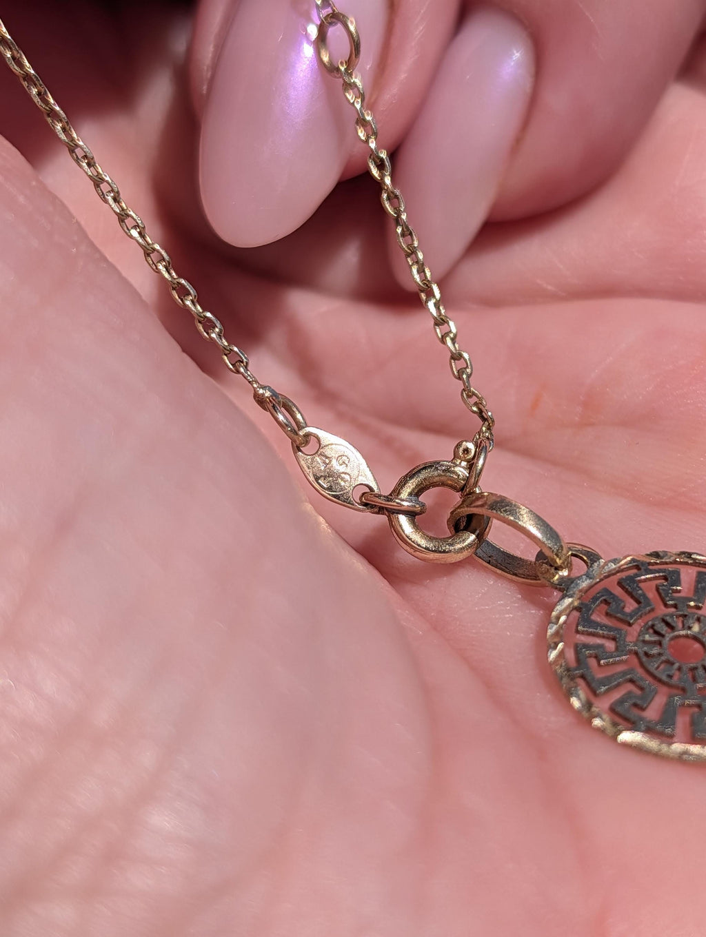 Vintage 14k Yellow Gold Link Bracelet, with  Ancient Greek Pattern Charm, 1980s Extension Ring 17-20 cm Gift Unisex Chic Fine Gold Jewelry