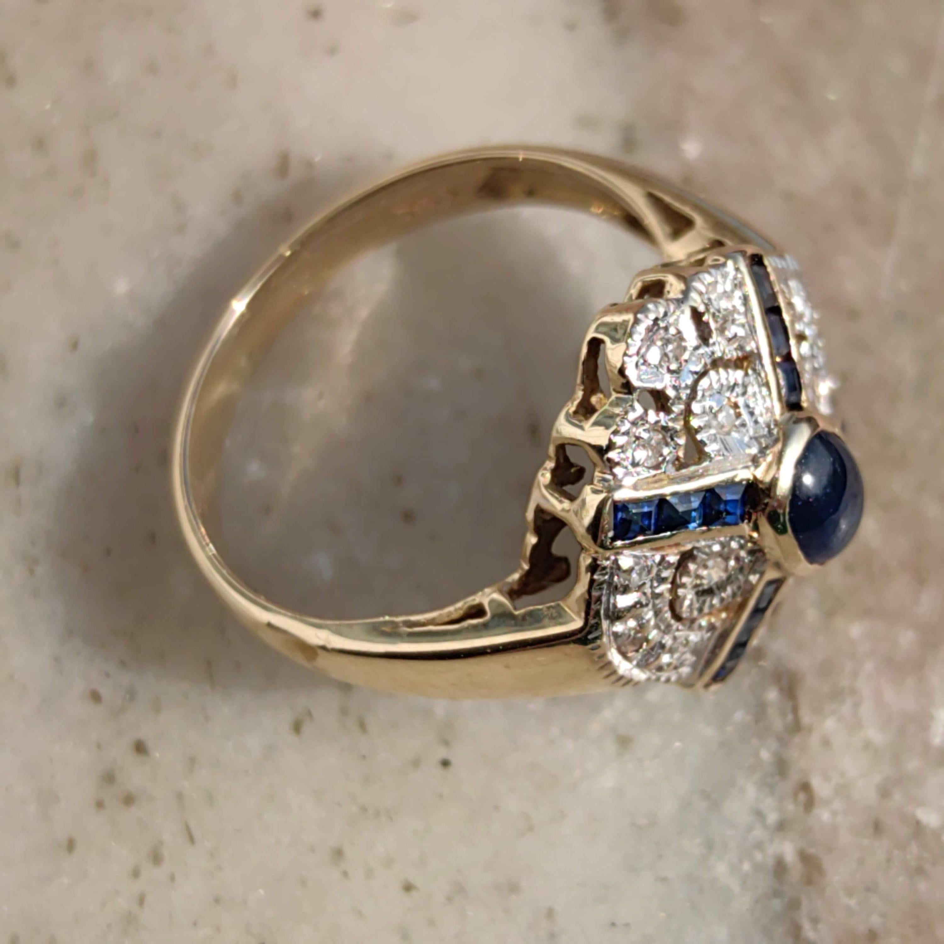 Vintage Art Deco 14k Gold Sapphire Diamond Ring - Size 6.5