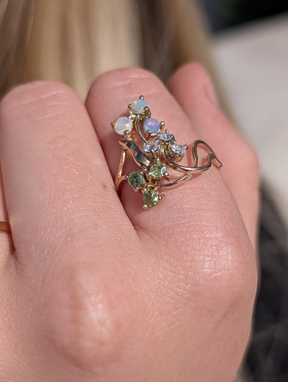 Art Nouveau 1900s Diamond Demantoid Opal Ring, 18k Yellow Gold Floral Vintage Engagement Ring, 1950s Heirloom Fine Jewelry Gift US 8.5