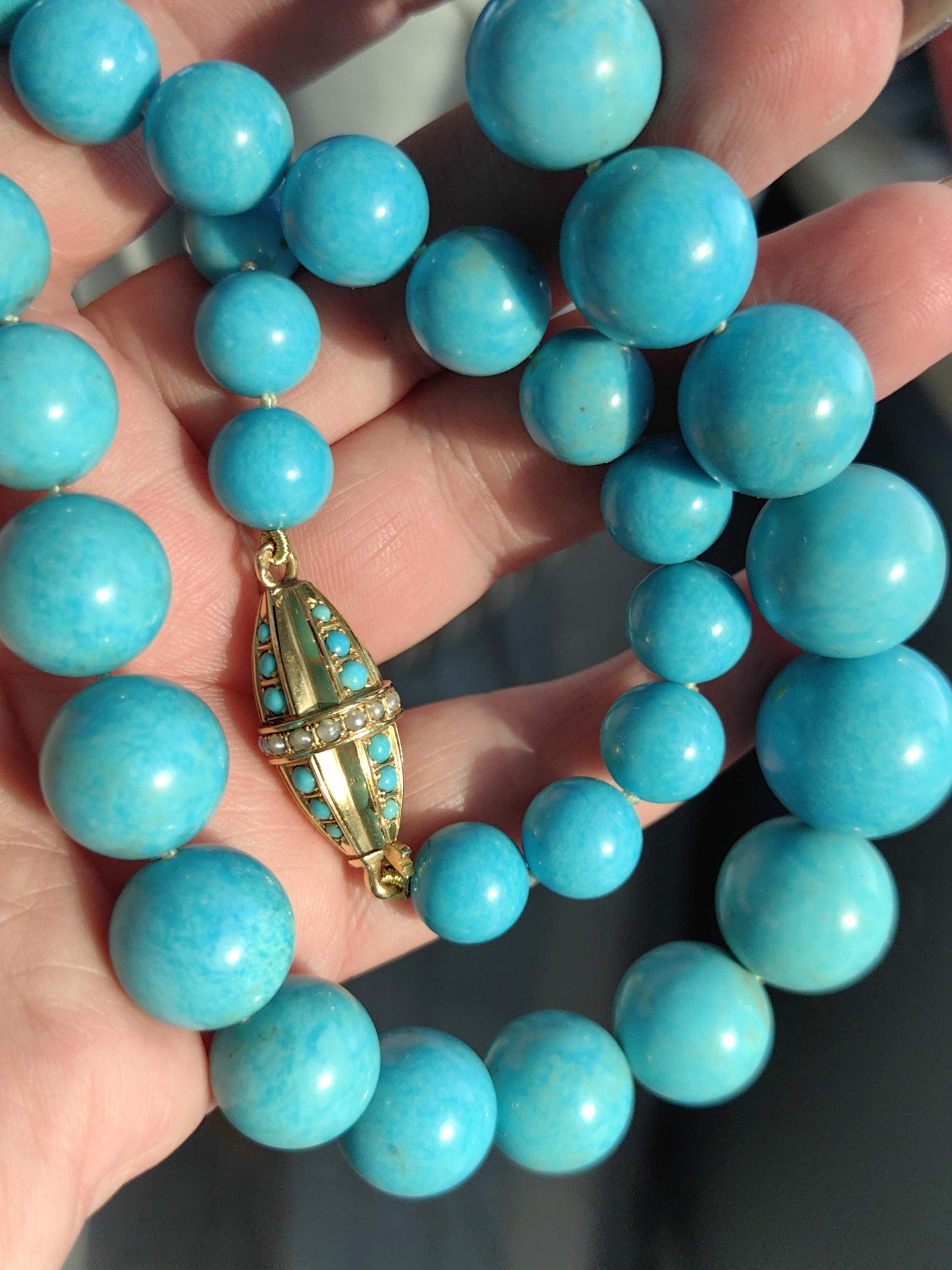 Art Deco 1920s Solid 18k Yellow Gold Natural Turquoise Large Statement Necklace Antique Elegant Gift for Her Present