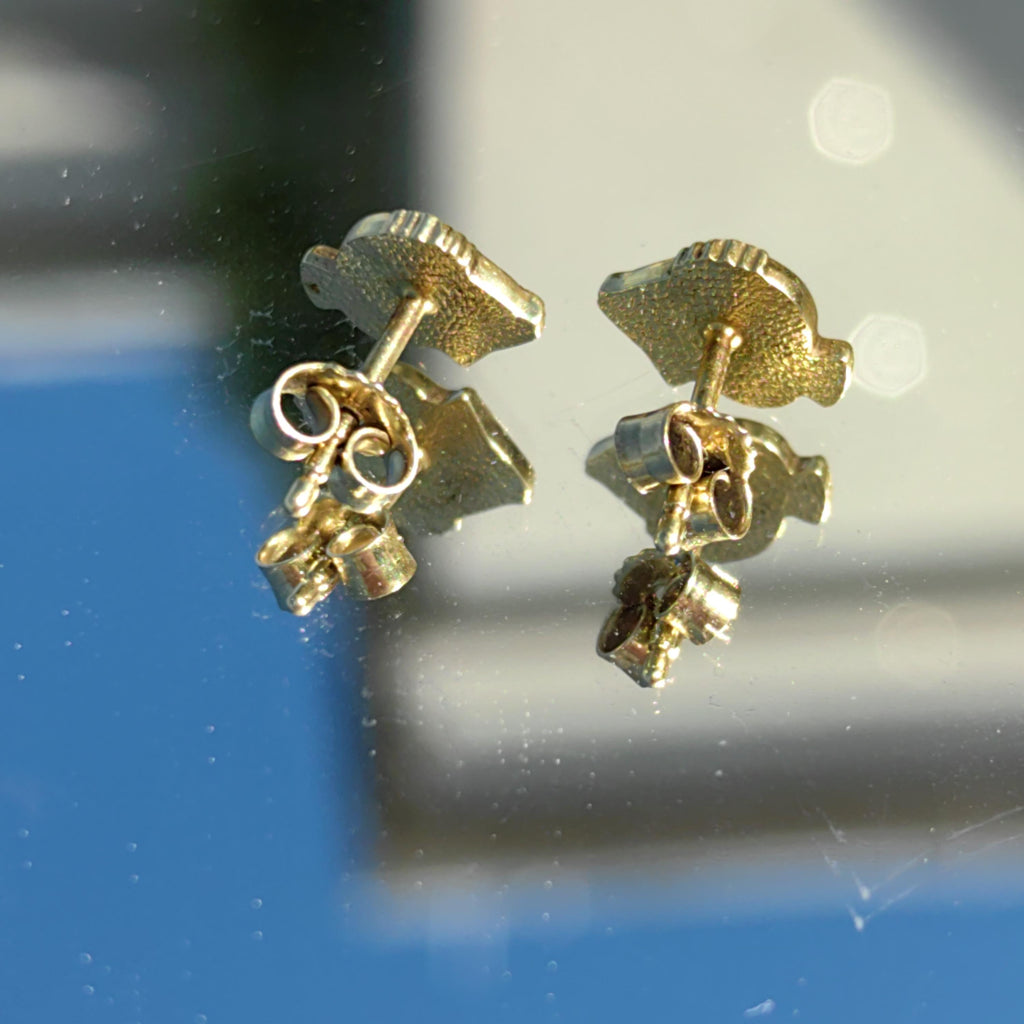 14k Yellow Gold Enamel Fish Stud Earrings: Vintage Ocean Jewelry