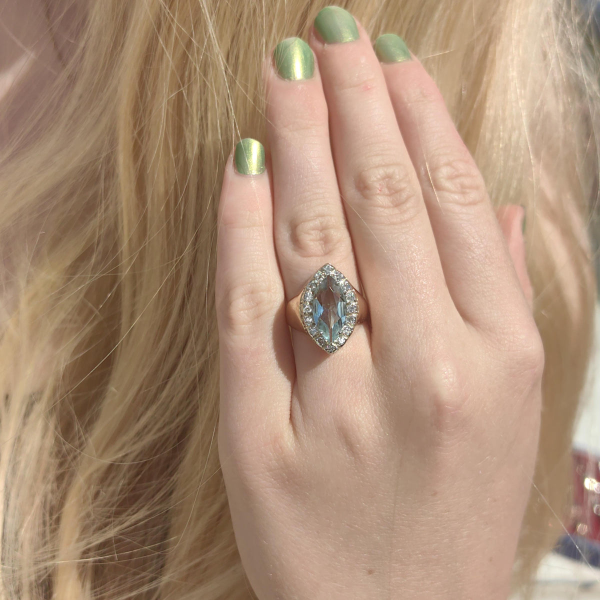 Vintage Art Deco Aquamarine Diamond Ring: 14k Yellow Gold Marquise Cut