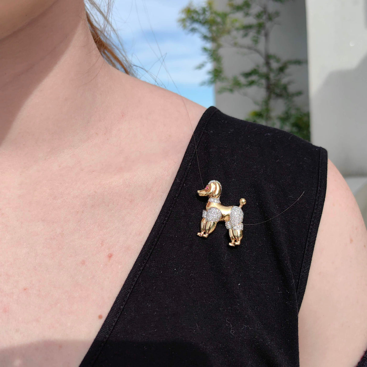 Vintage Antique 1960s Diamond & Ruby 18k Solid Hallmarked Yellow Gold Poodle Dog Cute Pet Elegant Retro Brooch Gift for her Present