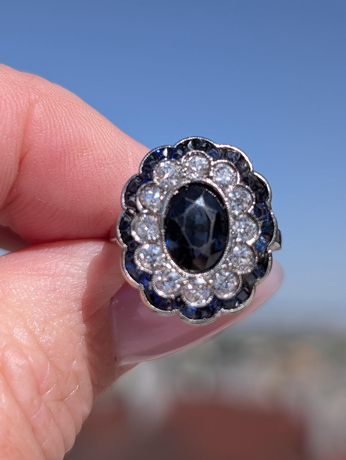 1920s French Art Deco Platinum Sapphire Diamond Ring – European Cut Statement Piece