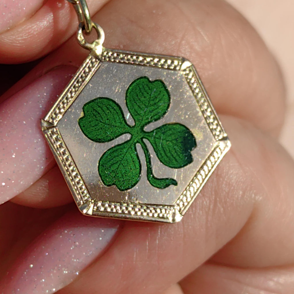 14k Gold Clover Pendant: Art Nouveau Enamel Four Leaf Luck Charm