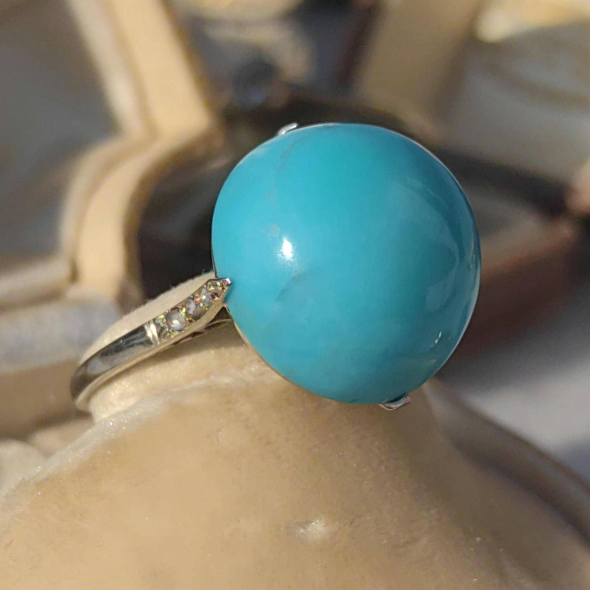 1920s Art Deco 18K White Gold Natural Blue Turquoise Diamond Ring, French Hallmark Antique Statement Engagement Jewelry