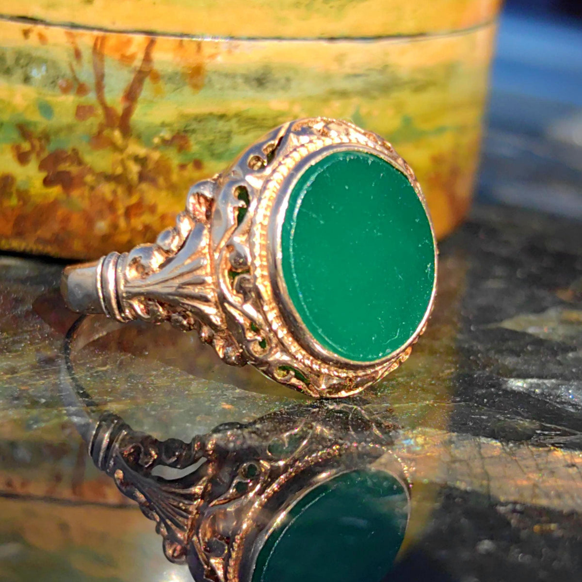 Vintage Chrysoprase Ring: 14k Yellow Gold Floral Solitaire, Size 10