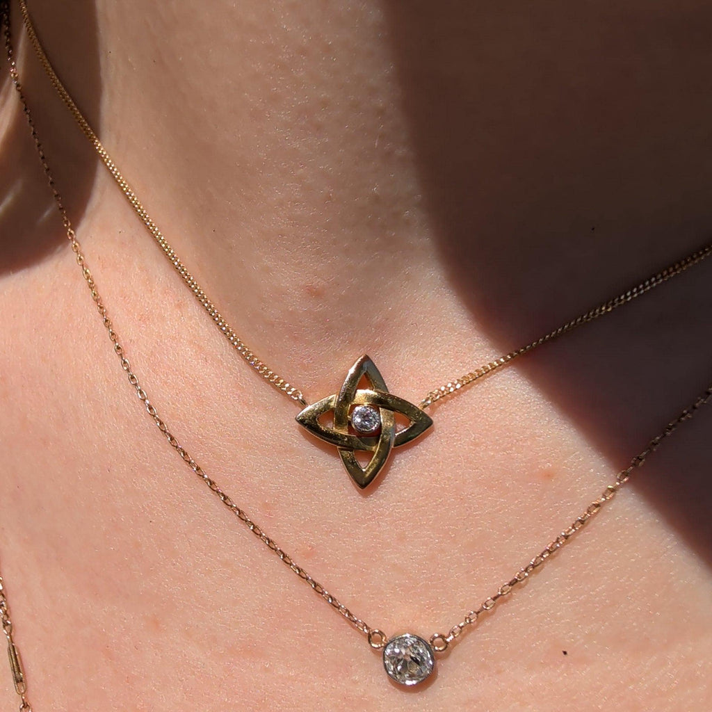 Floral Star Shape Diamond Pendant Necklace, Solid Hallmarked 18k Gold, 0.07 ct Diamond, 54.5 cm Chain Fine Jewelry Gift Necklace