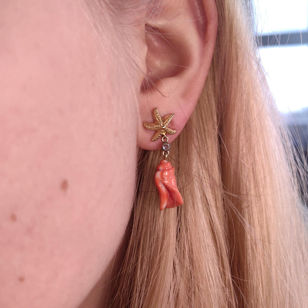 Gold and Mediterranean Red Coral Diamond Starfish Shell Shaped Ocean Sea Nautical Elegant Vintage Antique Earrings Gift for Her Mum Present