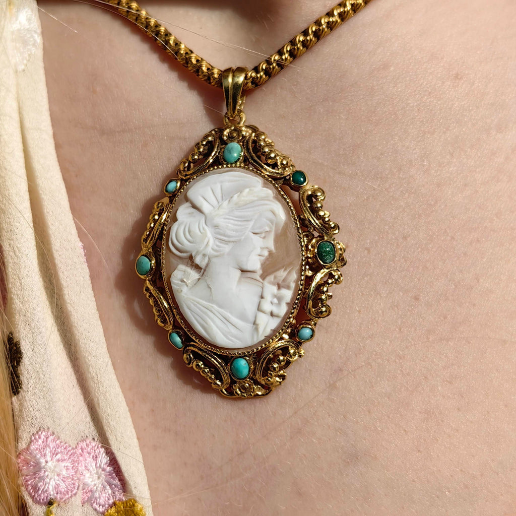 Victorian Antique Vintage Cameo Turquoise Gold plated Silver Frame Pendant